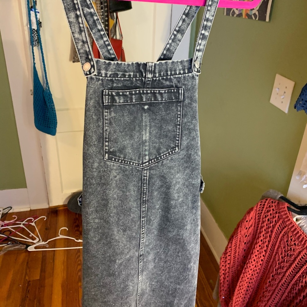 Black Acid Wash Denim Overall Mini Dress